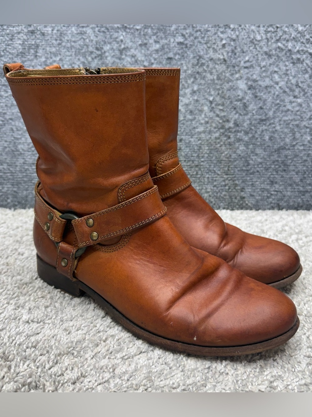 Frye Boots Womens Brown Side Zip Shoes Harness Cowgirl Biker Western Size 7.5B